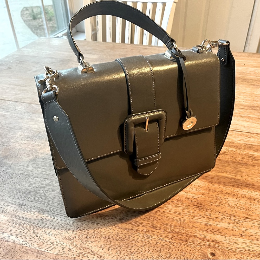 Brahmin Olive Green Leather Satchel with Gold-Tone Hardware